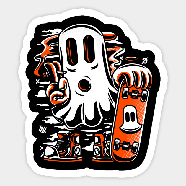 Skater Ghost Halloween Funny Orange Sticker by Ken Adams Store